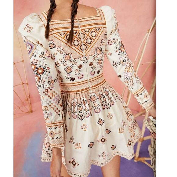 Ulla Johnson Adilah Beaded Embroidered Cotton Linen Mini Dress Ochre size 0 - Picture 3 of 16